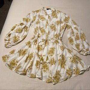 NWT! Boutique Floral Drawstring Long Sleeve Dress - White & Mustard Yellow